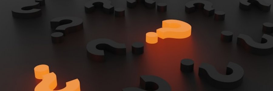 3D rendered image of black and orange question marks.